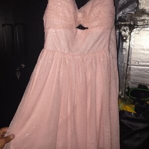 Strapless Pink Sequin Prom Dress with Full Skirt